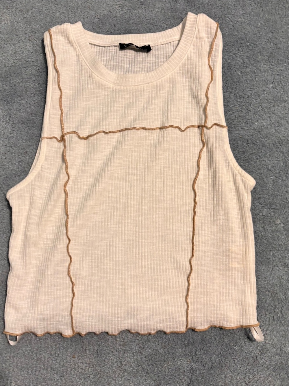 Very J Cream Ribbed Tank with Tan Contrast Stitching